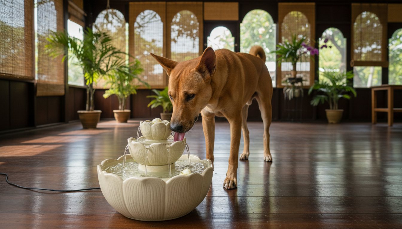 A dog drinking fresh water from a ceramic pet fountain indoors