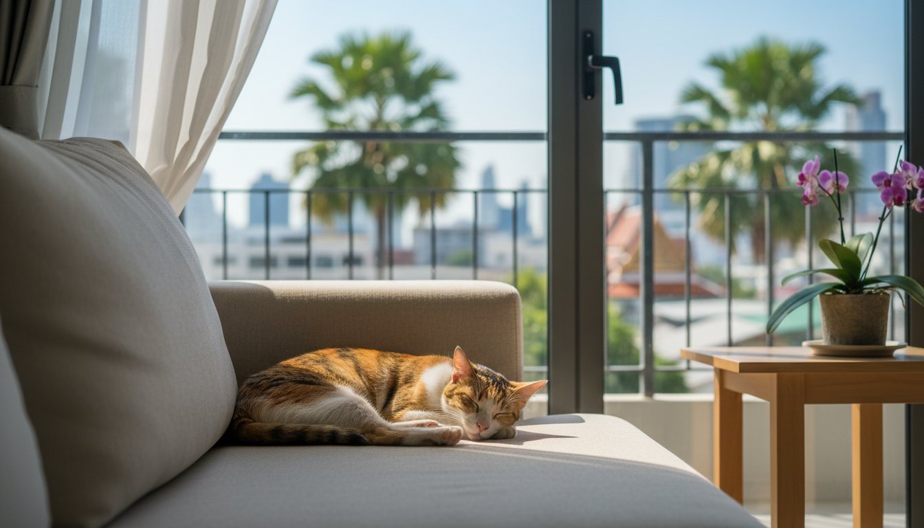 A calm domestic cat resting in a sunny Bangkok apartment