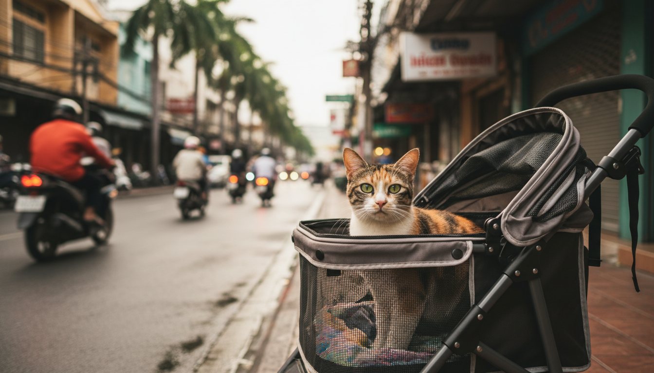A cat looking out from a secure stroller on a Bangkok street