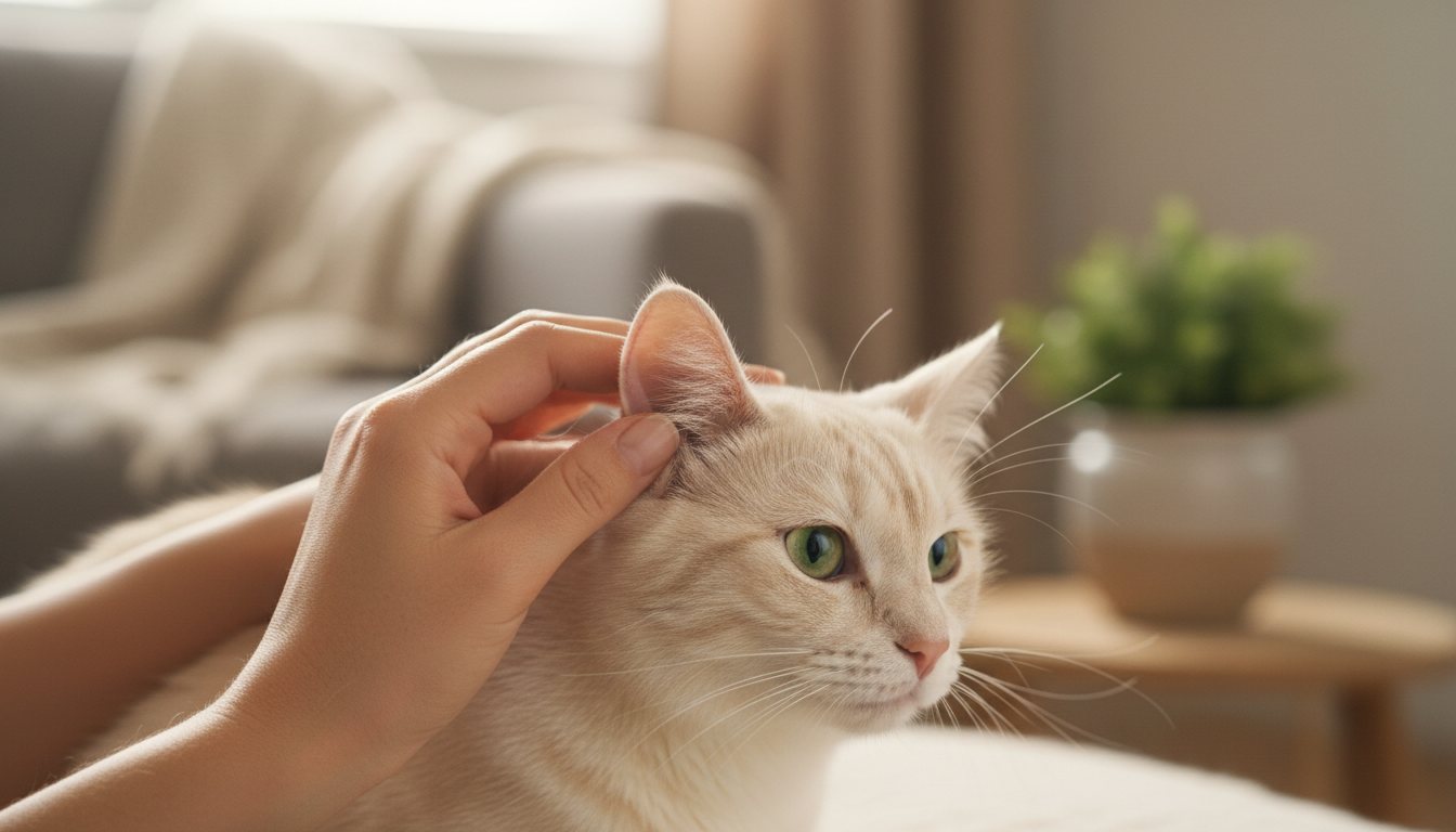 Close-up of hands gently checking a cat's ears for pests
