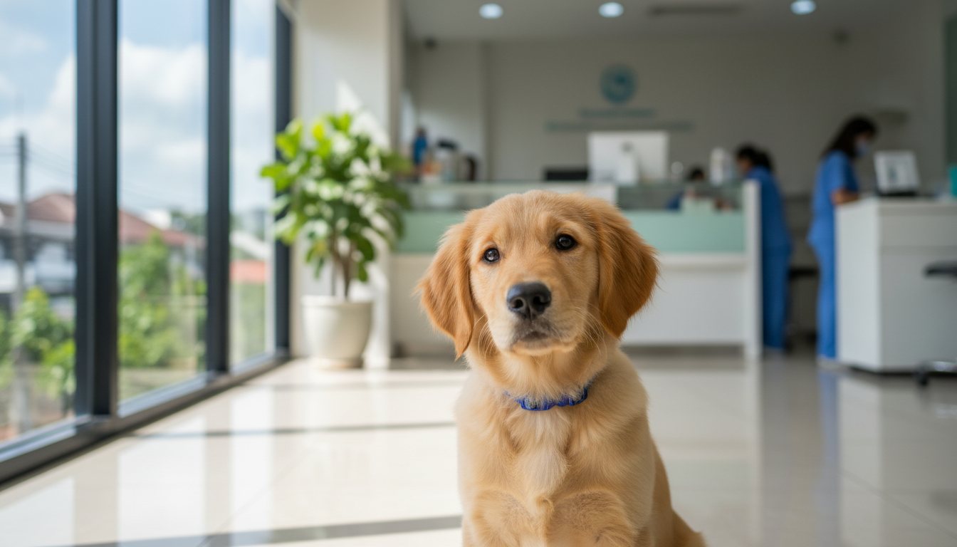 A golden retriever puppy sitting in a bright Bangkok veterinary clinic