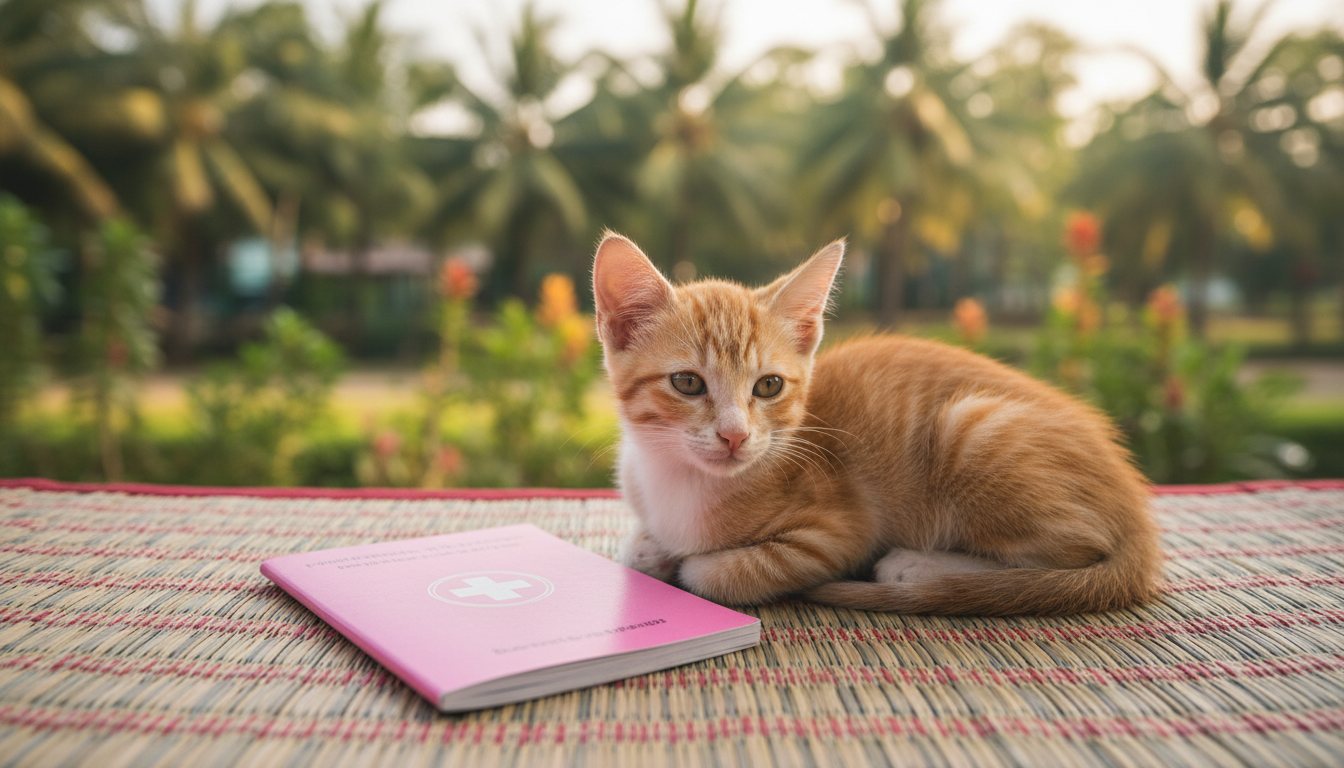 A young domestic medium-hair kitten next to a pink health booklet